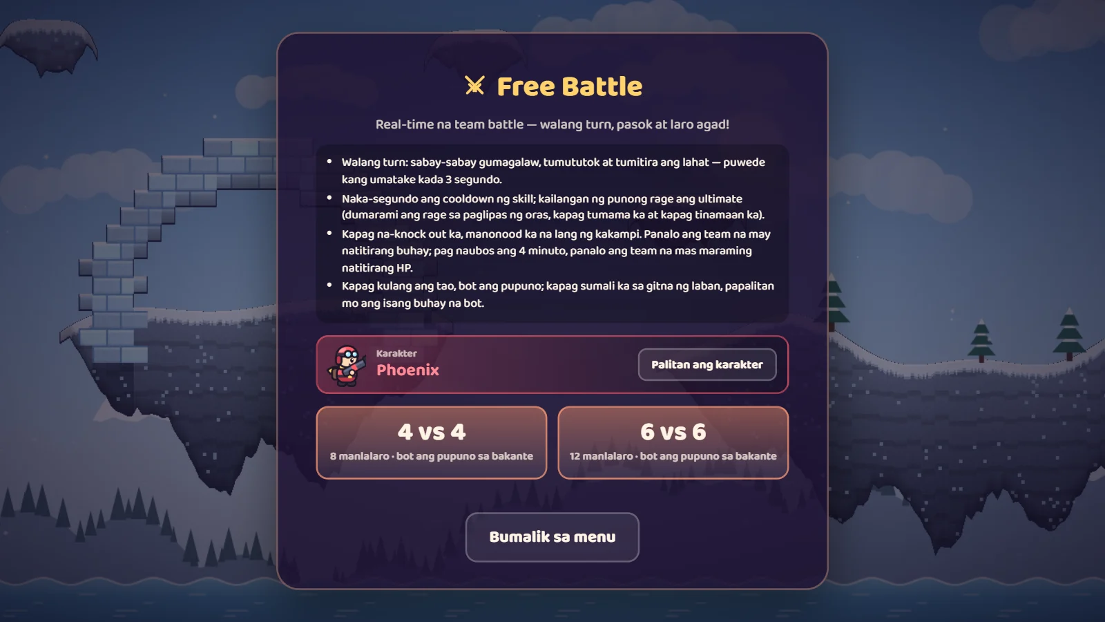 Screenshot ng Free Battle screen: mga patakaran, napiling karakter at mga button na 4 vs 4 / 6 vs 6