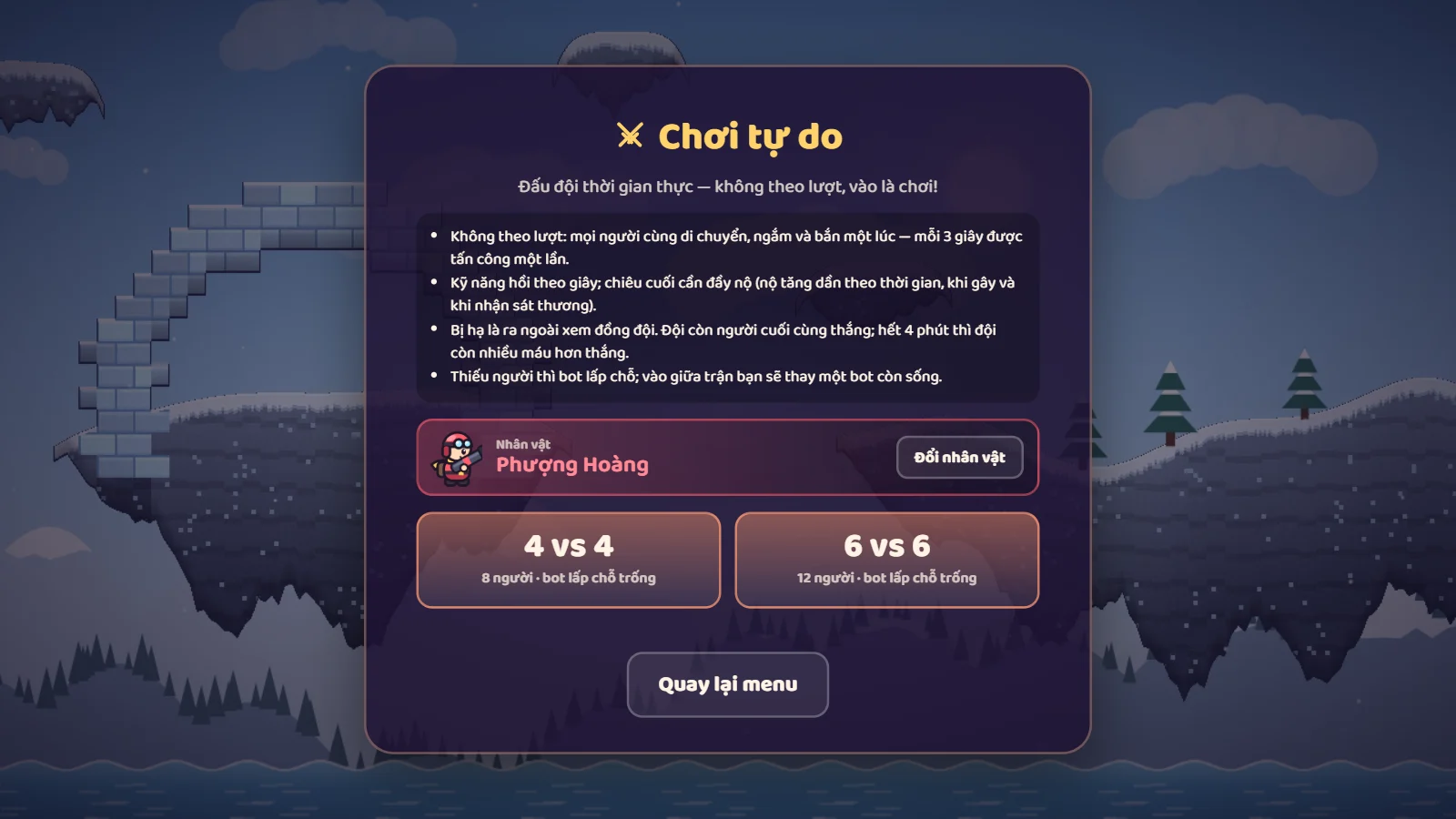 Ảnh màn Chơi tự do: luật chơi, nhân vật đang chọn và hai nút 4 vs 4 / 6 vs 6