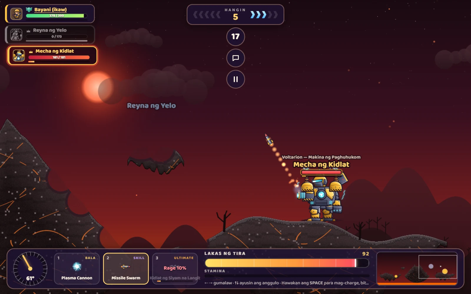 Screenshot ng Boss Hunt sa mapang Bulkan: nagpapaputok ng Missile Swarm ang Mecha ng Kidlat