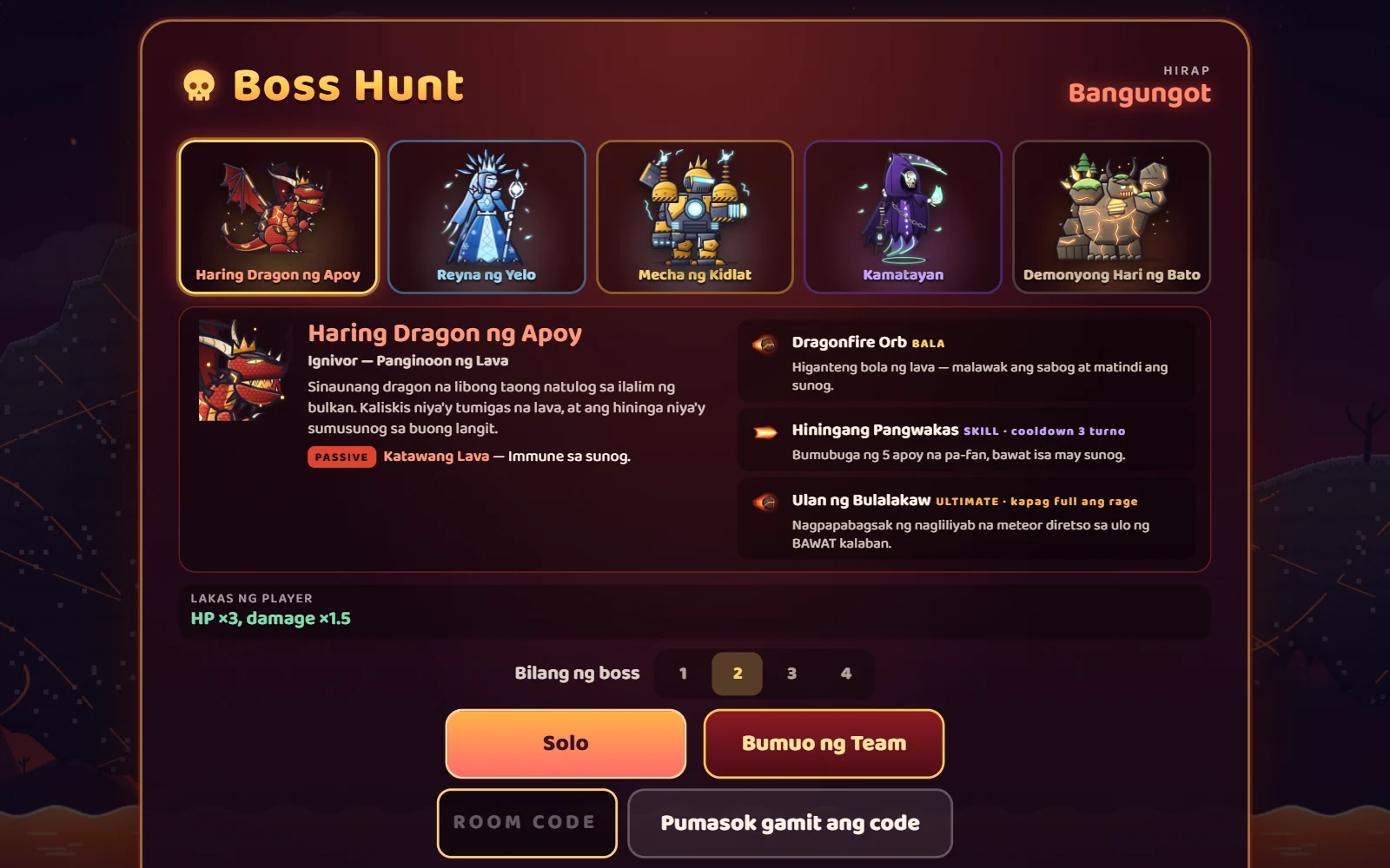 Screenshot ng Boss Hunt screen: 5 boss, detalye ng Haring Dragon ng Apoy, pagpili ng dami ng boss at mga button na Solo / Team