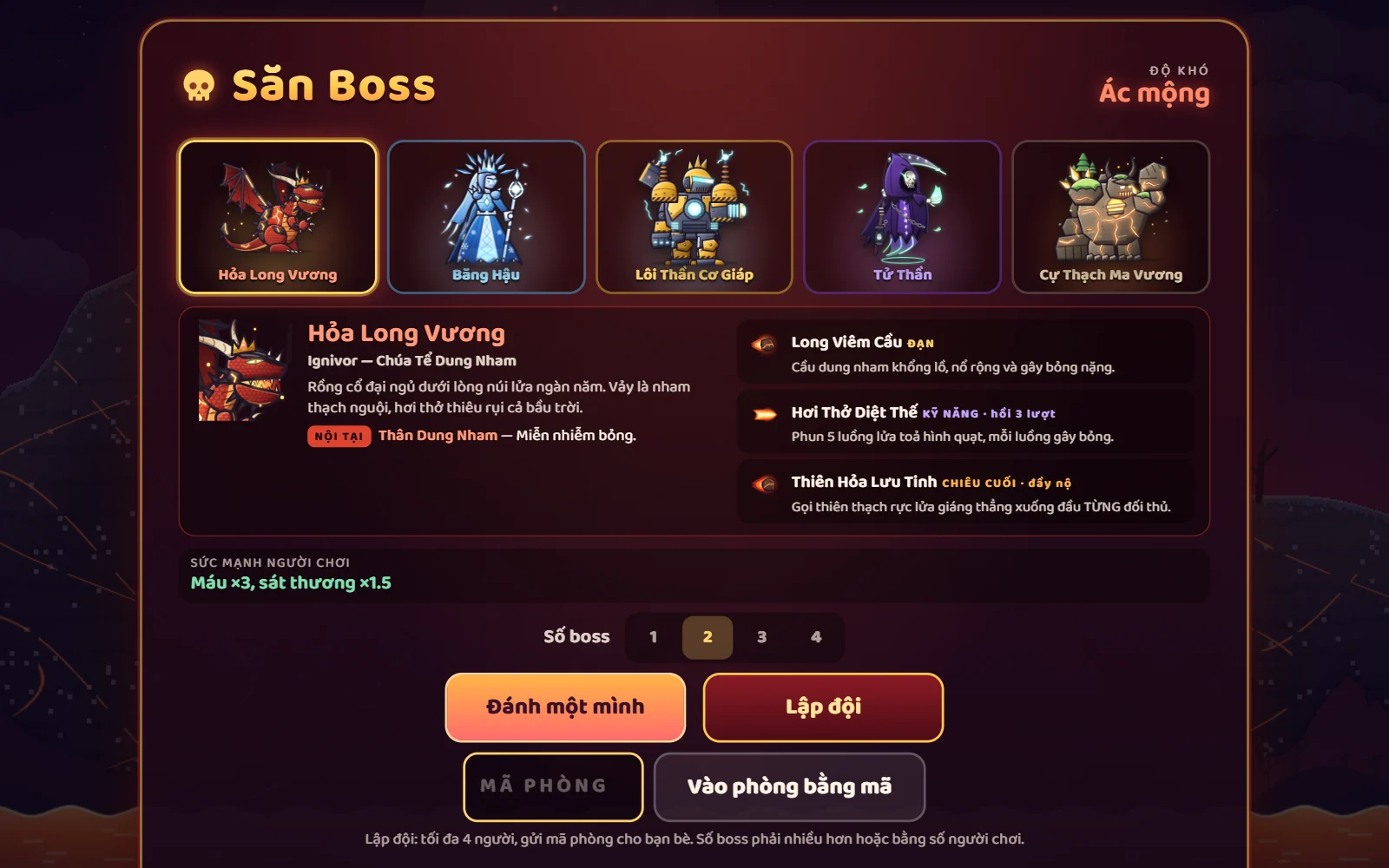 Ảnh màn Săn Boss: 5 boss, thông tin Hỏa Long Vương, chọn số boss và nút Đánh một mình / Lập đội