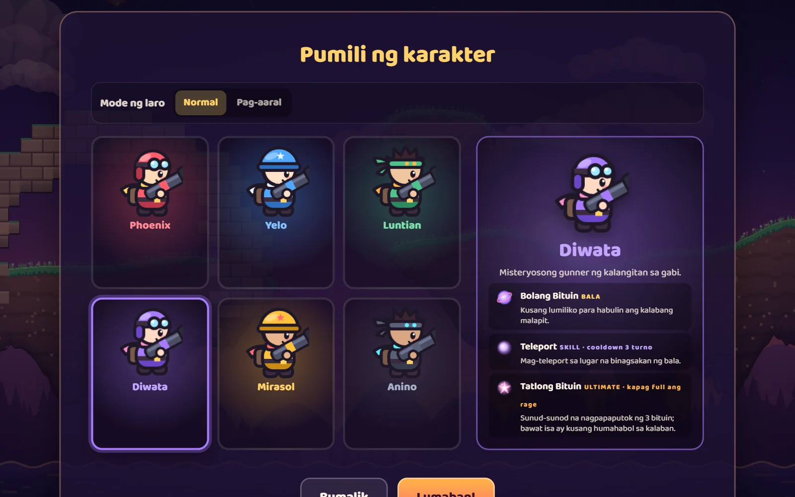 Screenshot ng pagpili ng karakter: 6 na karakter, nakabukas ang detalye ni Diwata