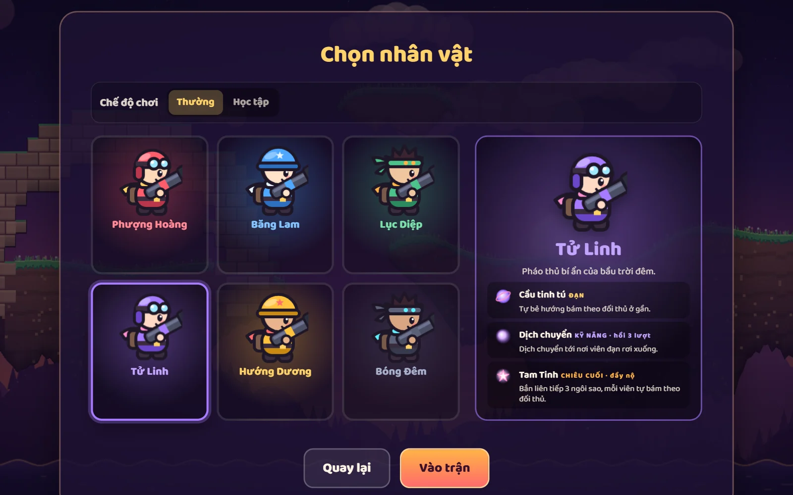 Ảnh màn chọn nhân vật: 6 nhân vật, đang xem Tử Linh với Cầu tinh tú, Dịch chuyển và Tam Tinh