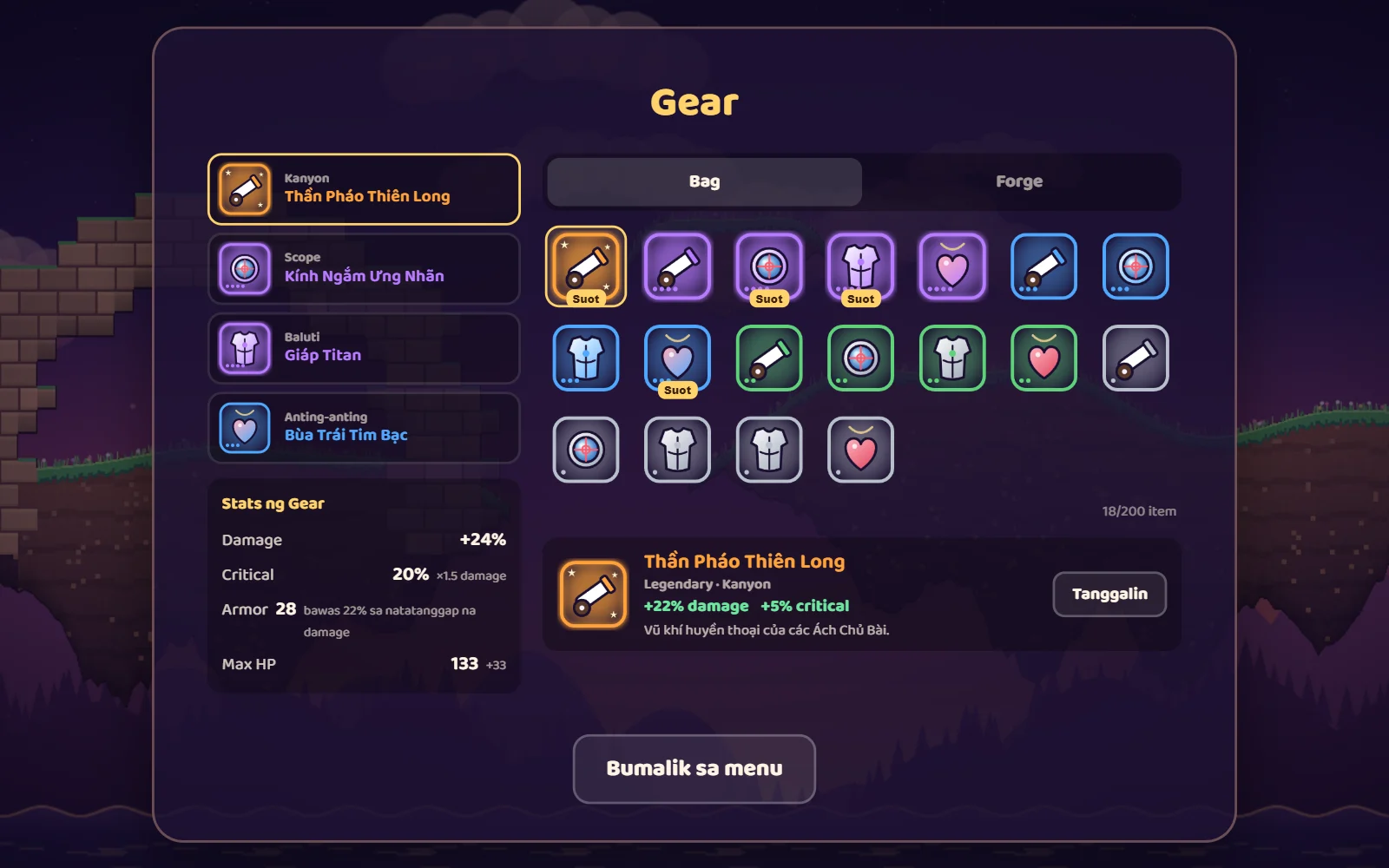Screenshot ng Gear screen: 4 na suot na item, bag na may iba’t ibang tier at stats ng isang Legendary na kanyon