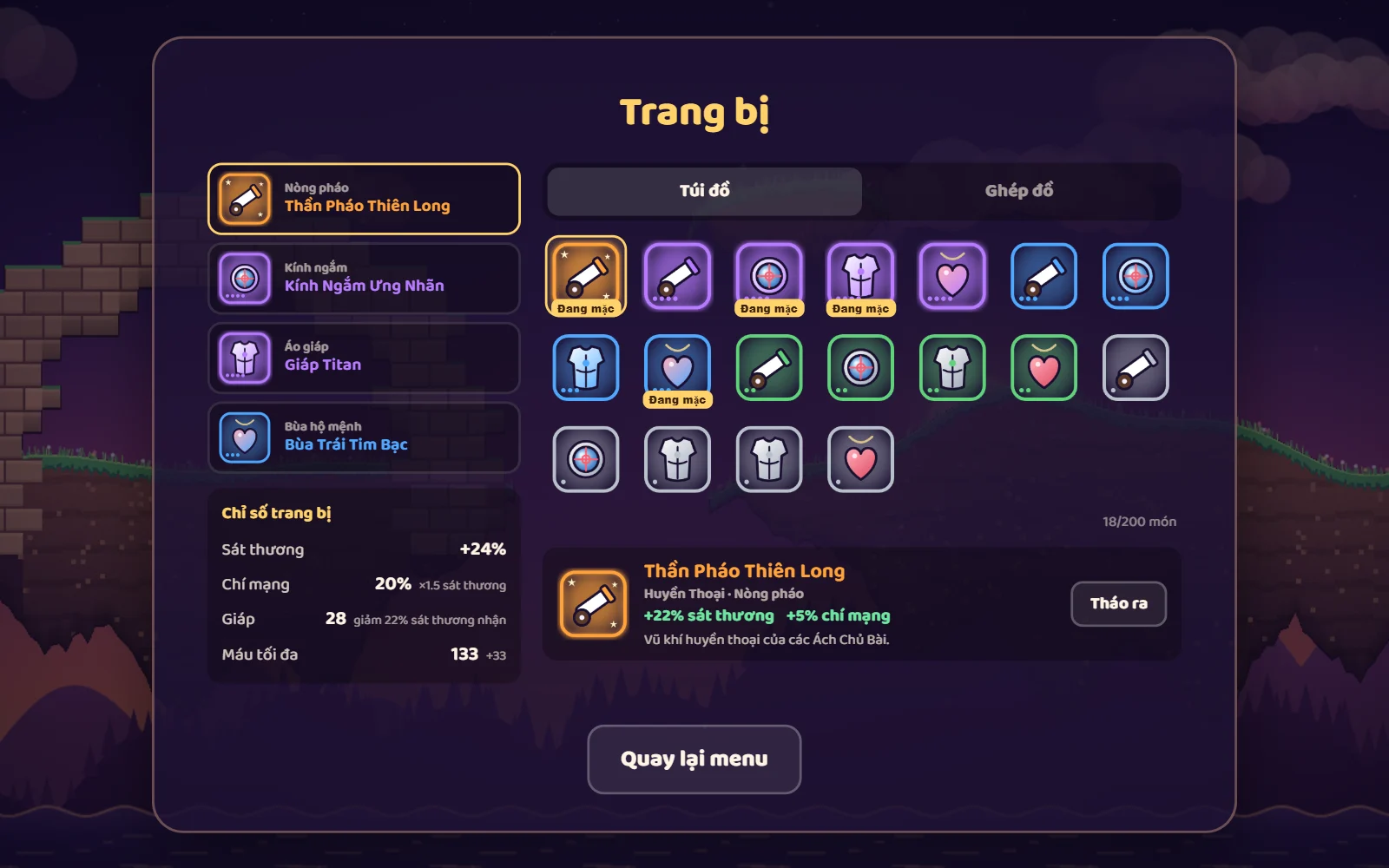 Ảnh màn Trang bị: 4 ô đang mặc, túi đồ nhiều cấp và chỉ số Thần Pháo Thiên Long