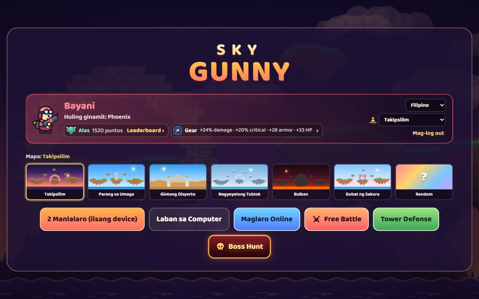 Screenshot ng main menu: profile na may ranggong Alas, stats ng gear, 6 na mapa at mga button ng game mode