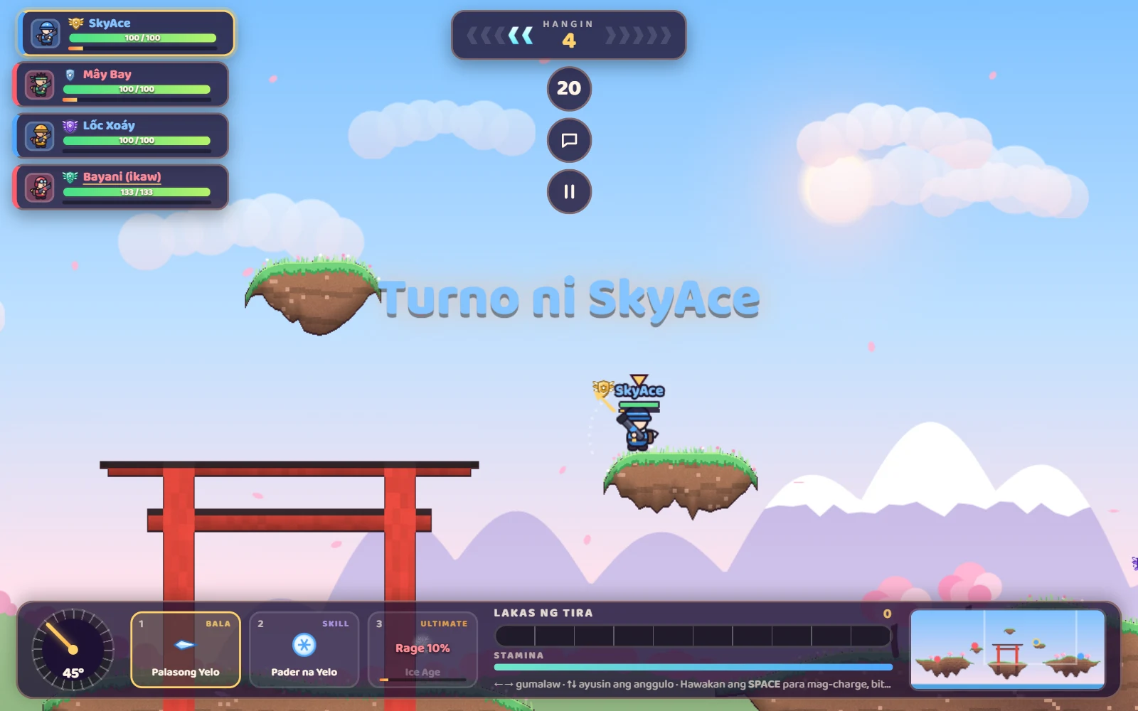 Screenshot ng online match na may 4 na manlalaro sa Gubat ng Sakura: turno ni SkyAce