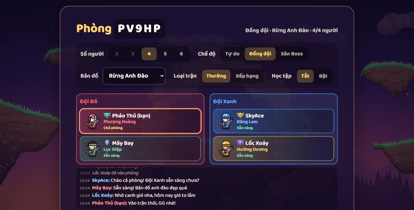 Ảnh phòng chờ online: hai đội Đỏ và Xanh, 4 người chơi đã sẵn sàng và khung chat của phòng
