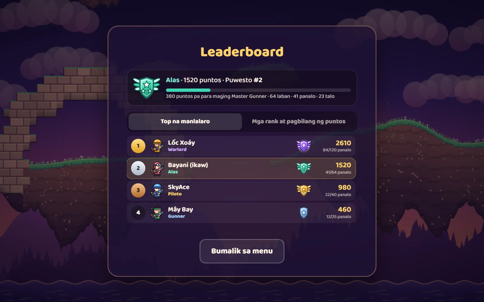 Screenshot ng leaderboard: puwesto, rank points, badge at mga panalo ng bawat manlalaro